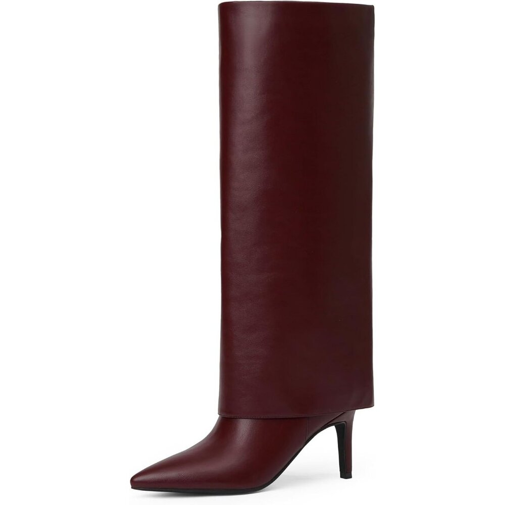 Women's Pointed Toe Tall Zipper Shark Fold Over Burgundy Pu Knee High Heel Boots